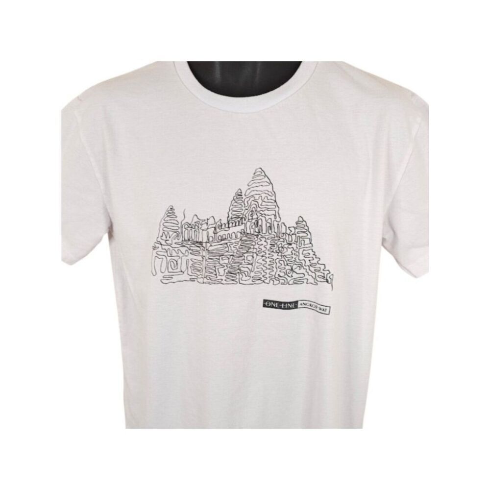 Angkor Wat T Shirt Mens Size Medium White One Line Piseth Keo Art Tee